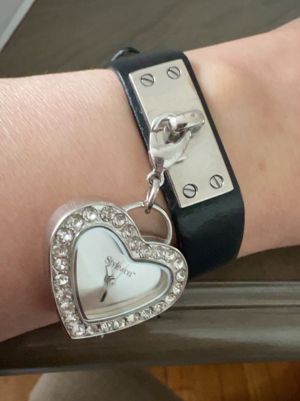 Style & Co. Black Heart Charm Bracelet Watch with Crystal Accents